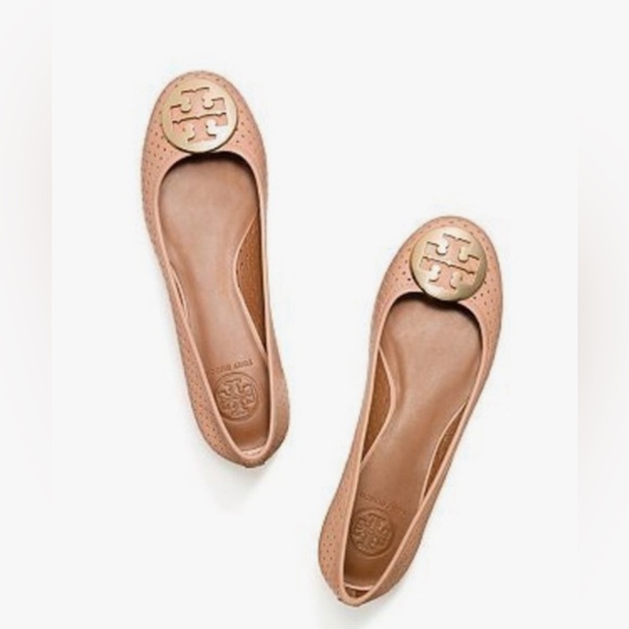 Tory Burch Shoes - Tory Burch Reva Perforated Leather Nude Pink Gold Metal Logo Ballet Flats US 7